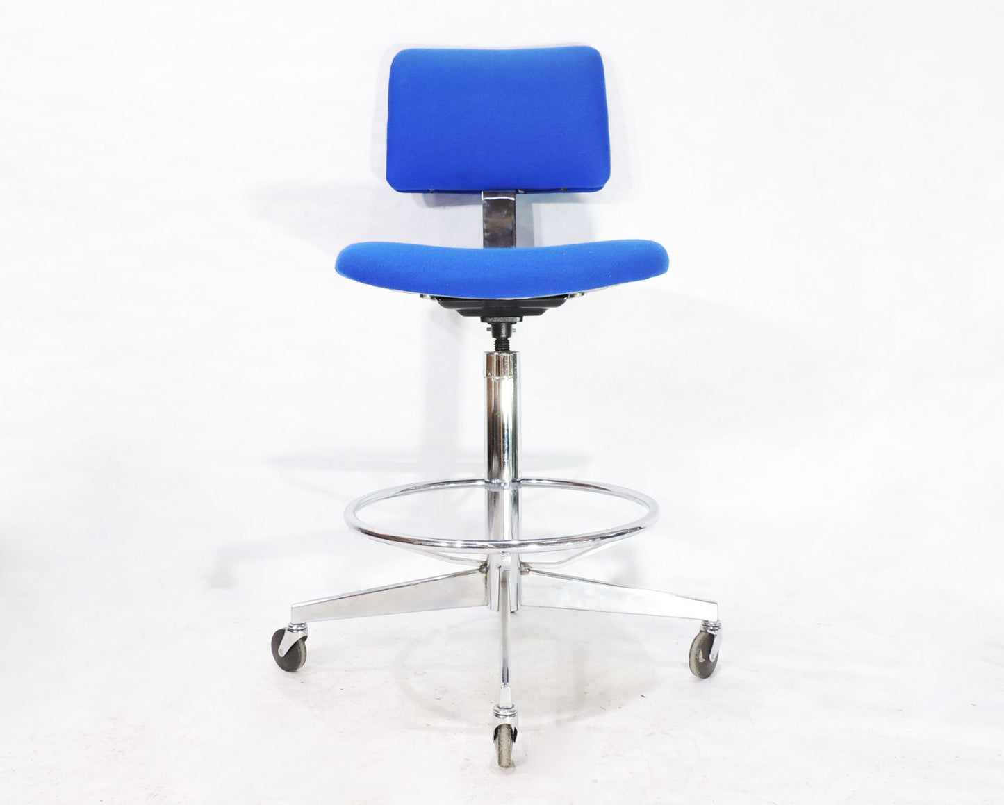 Vintage Steelcase Blue Cloth Metal Swivel Rolling Drafting Stool