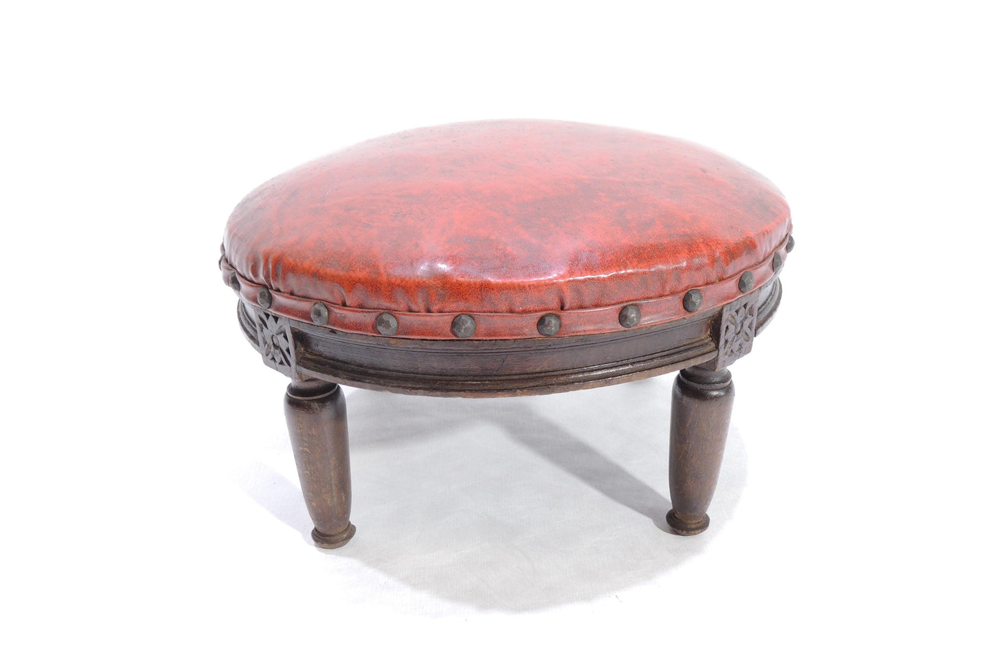 Antique Red Vinyl Wood Carved Ornate Footstool