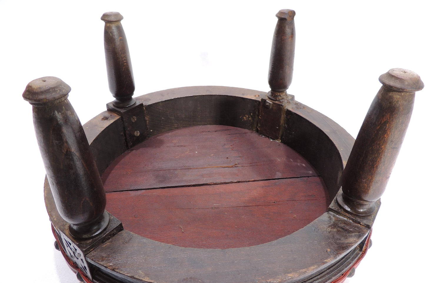 Antique Red Vinyl Wood Carved Ornate Footstool