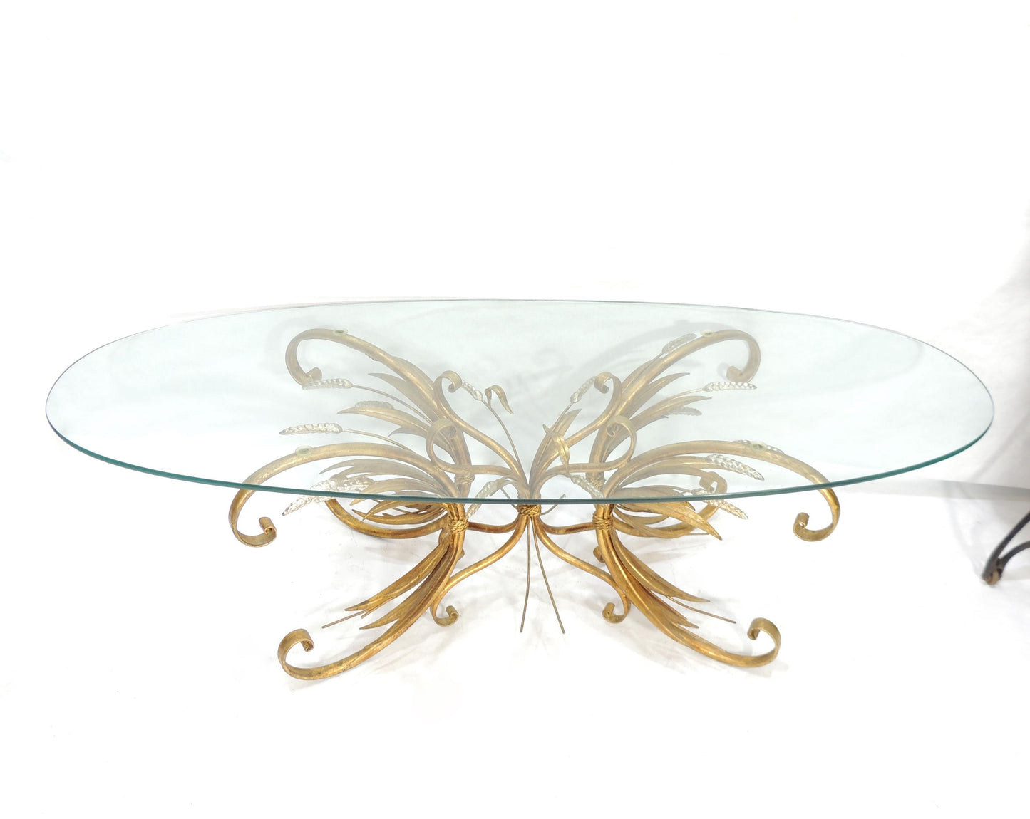 Modernist Era Hollywood Regency Wheat Metal Gilt Tole Oval Glass Coffee Table
