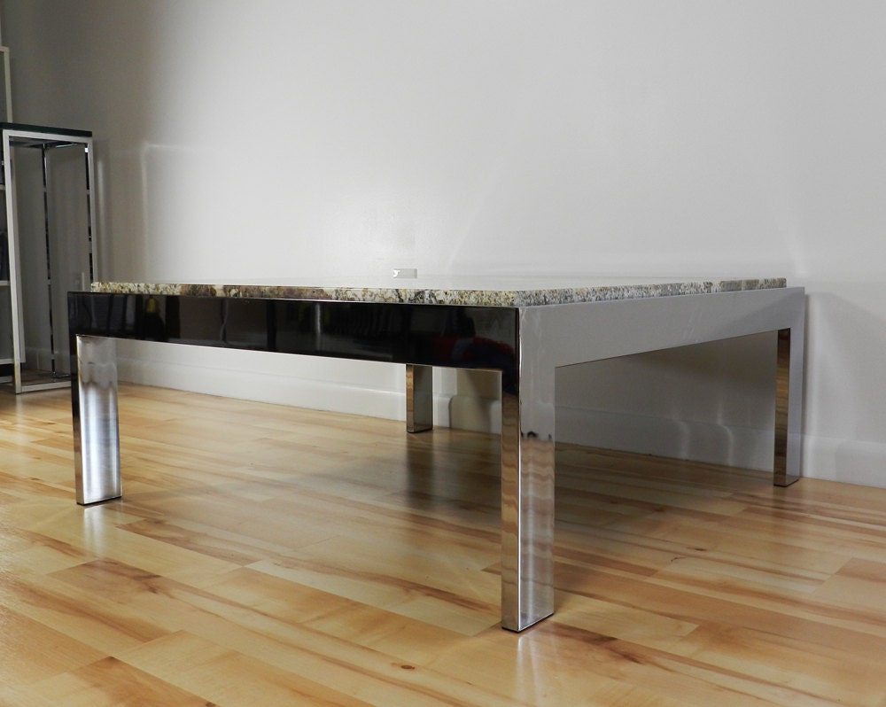 Modernist era Pace Collection Attributed Chrome Metal Marble Granite Coffee Table
