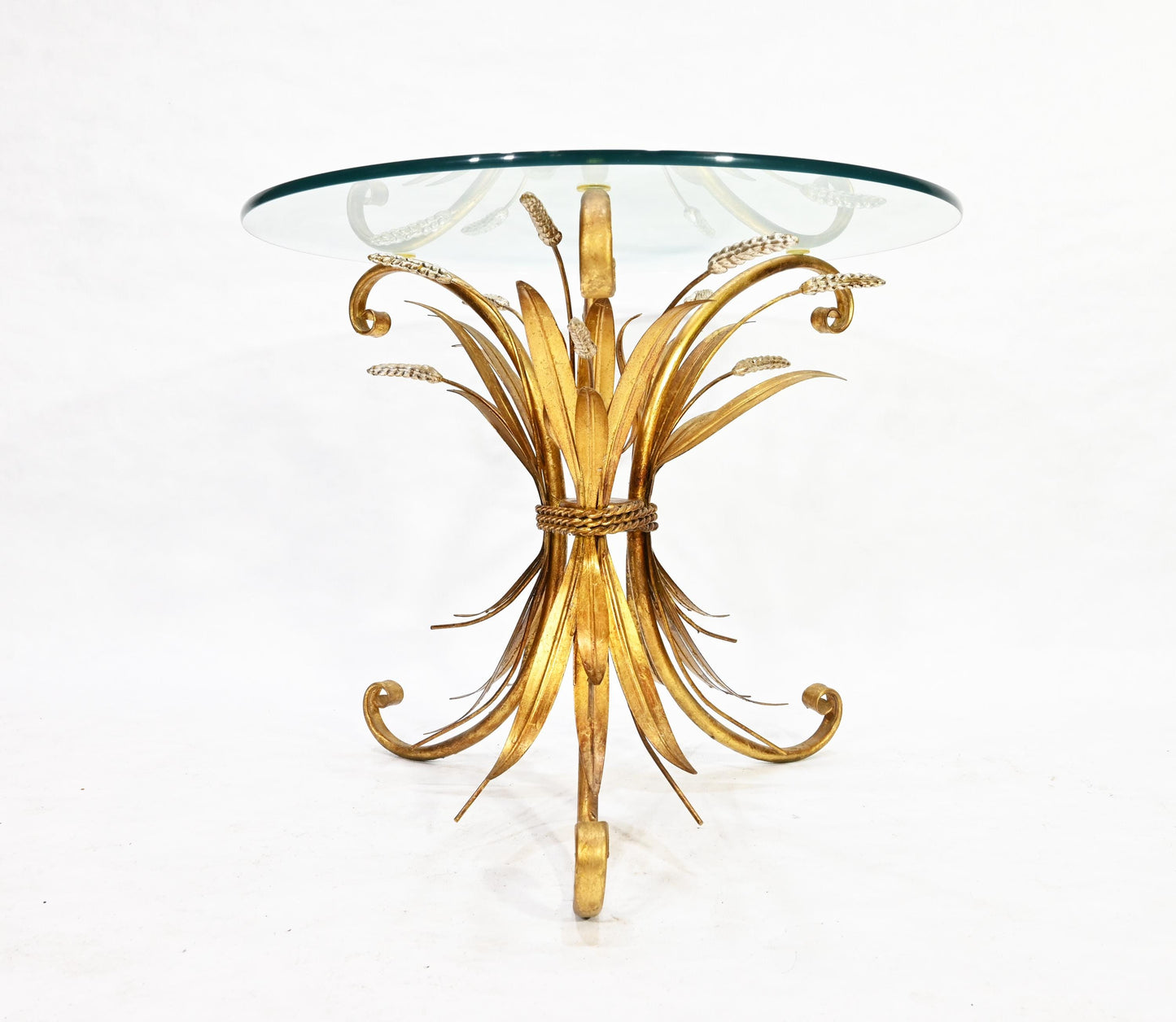 Modernist Era Hollywood Regency Wheat Metal Gilt Tole Round Glass Side Table