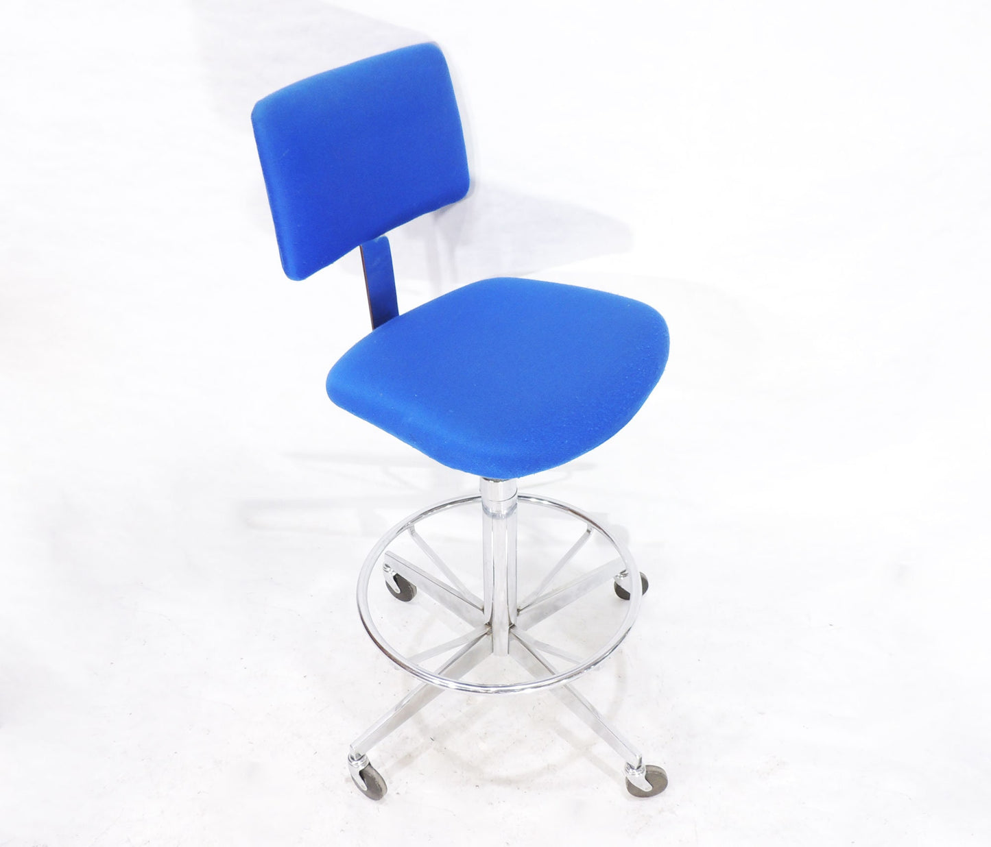 Vintage Steelcase Blue Cloth Metal Swivel Rolling Drafting Stool