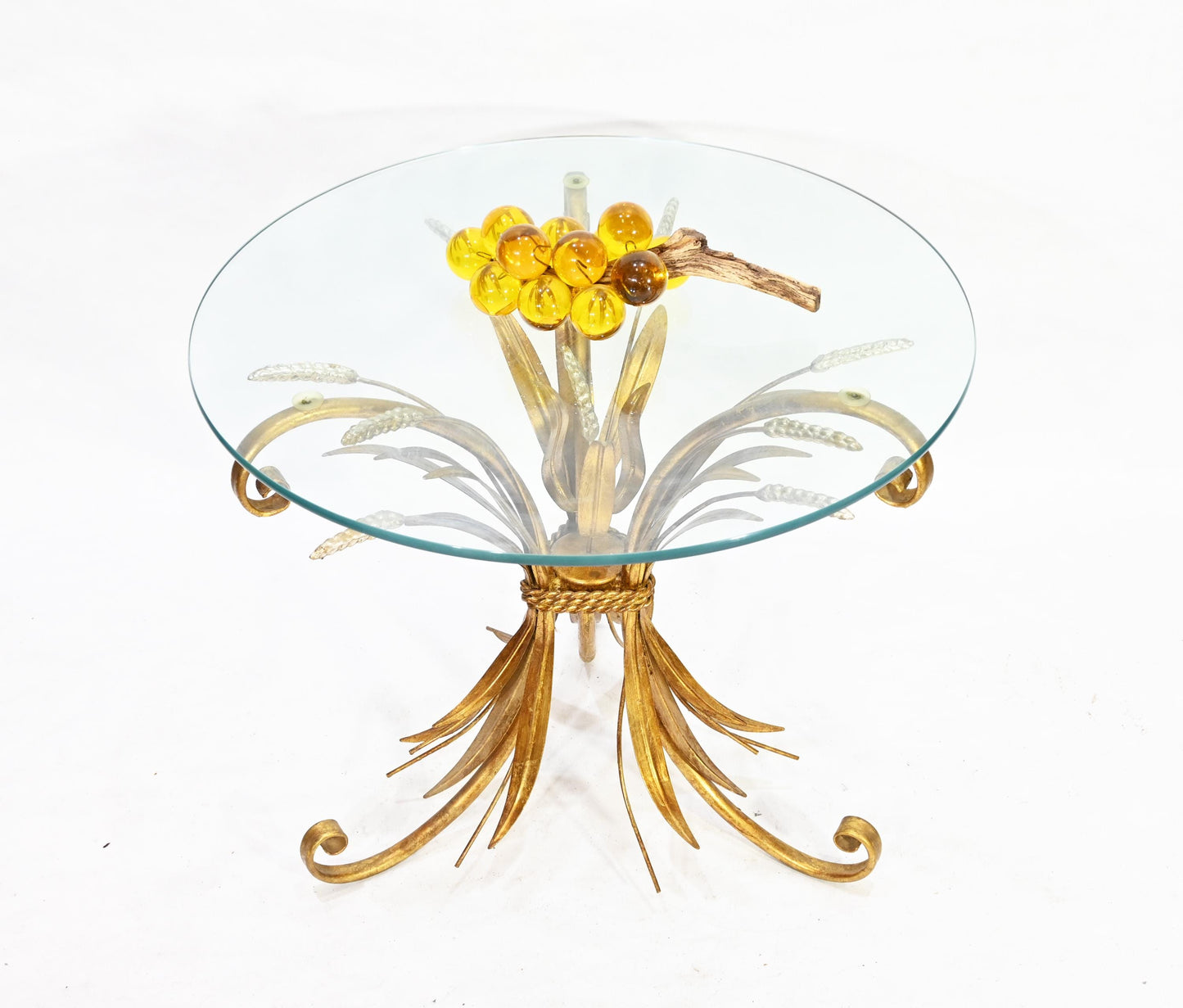 Modernist Era Hollywood Regency Wheat Metal Gilt Tole Round Glass Side Table