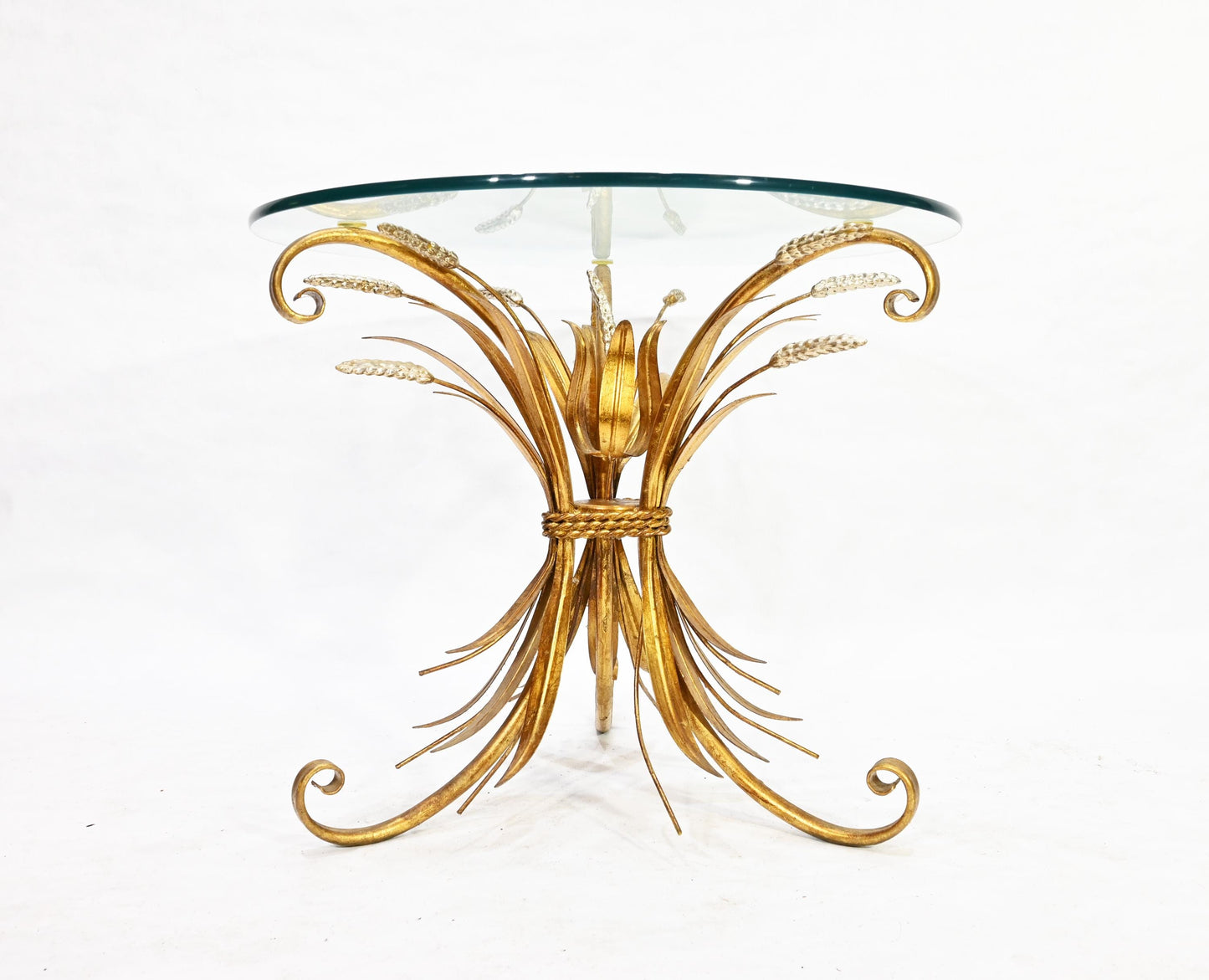 Modernist Era Hollywood Regency Wheat Metal Gilt Tole Round Glass Side Table