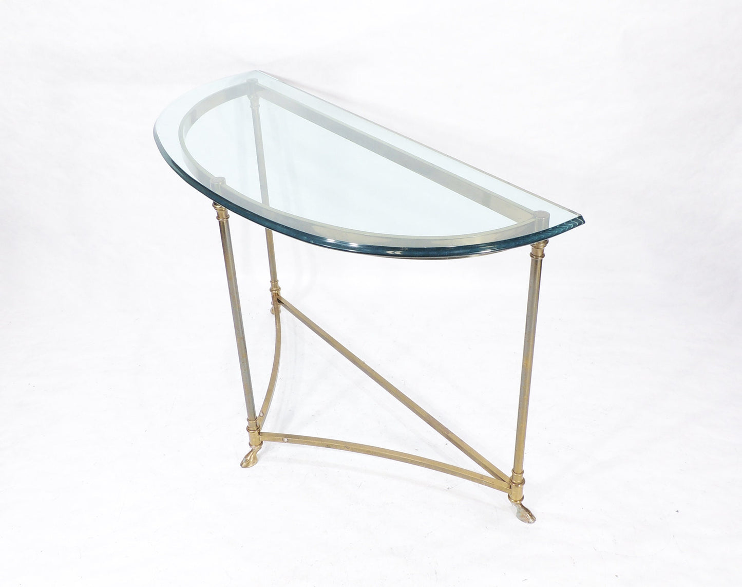 Vintage Half Moon Glass Top Brass Metal Claw hoofed Feet Console Table