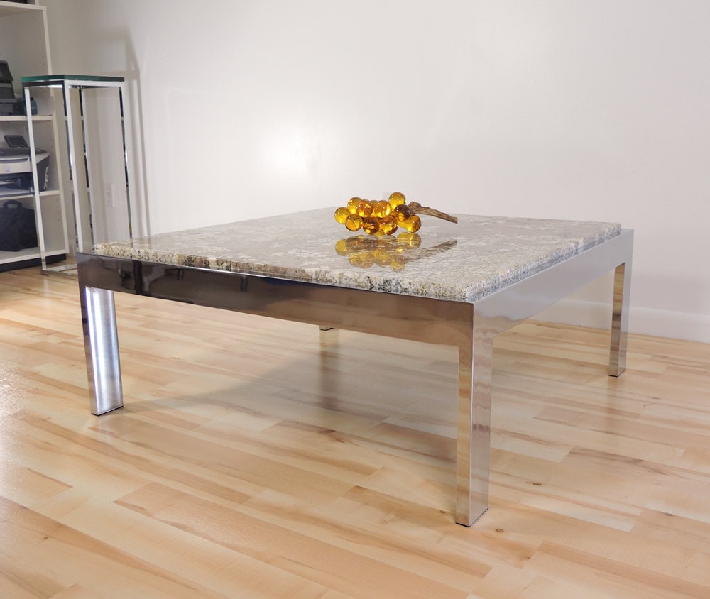 Modernist era Pace Collection Attributed Chrome Metal Marble Granite Coffee Table
