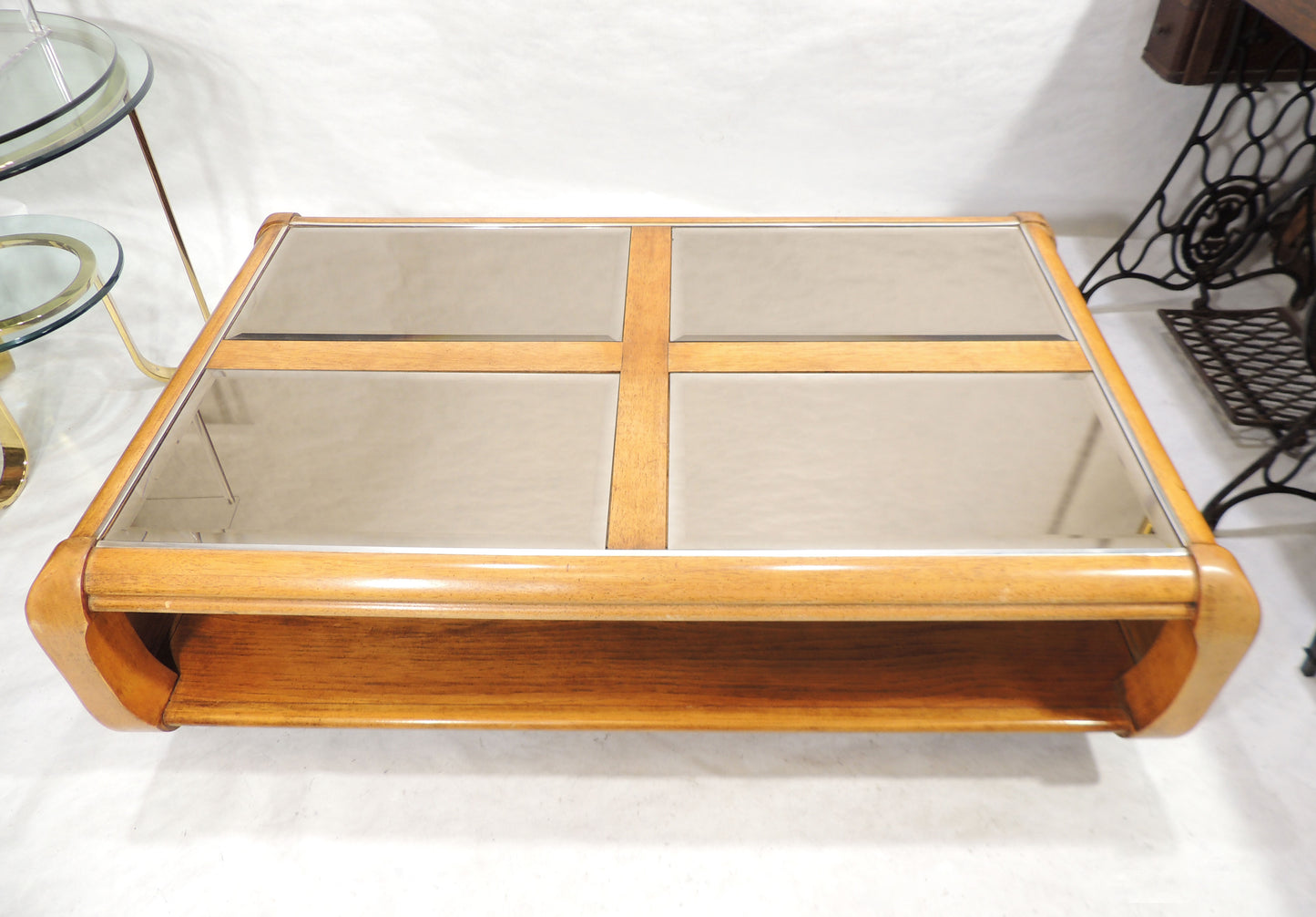 Vintage Modernist Design Coffee Table with Spacious Shelf and Mirror top