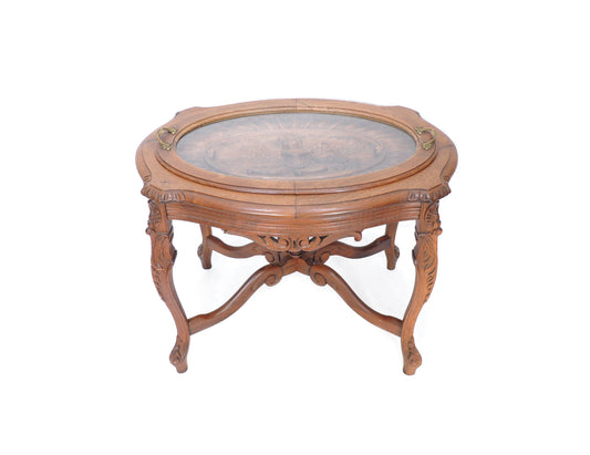 Antique Carved Walnut Oval Side Occasional Table with Glass Tea Tray