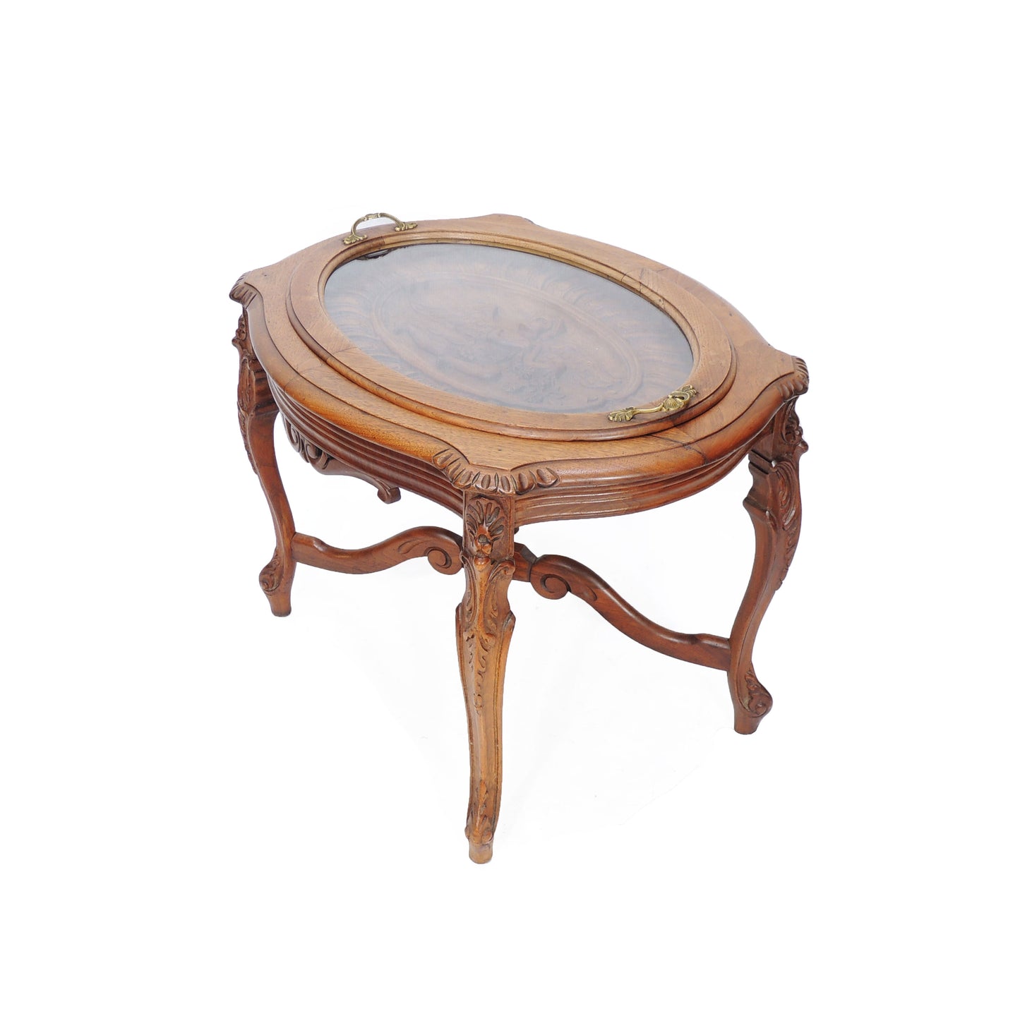 Antique Carved Walnut Oval Side Occasional Table with Glass Tea Tray