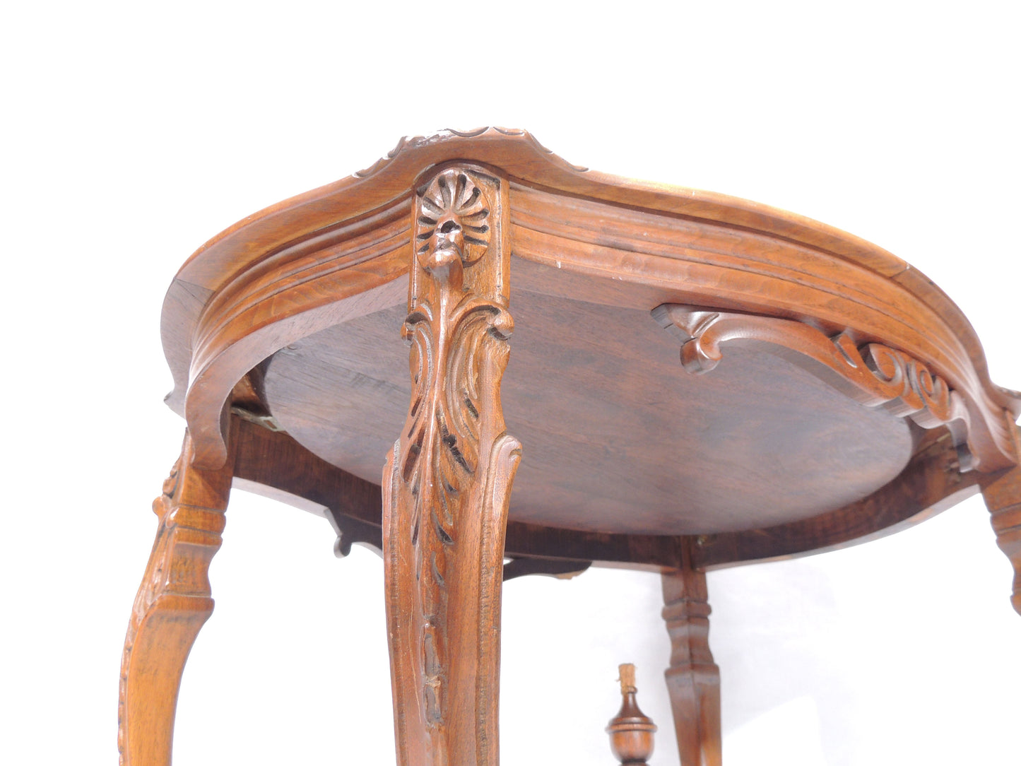 Antique Carved Walnut Oval Side Occasional Table with Glass Tea Tray