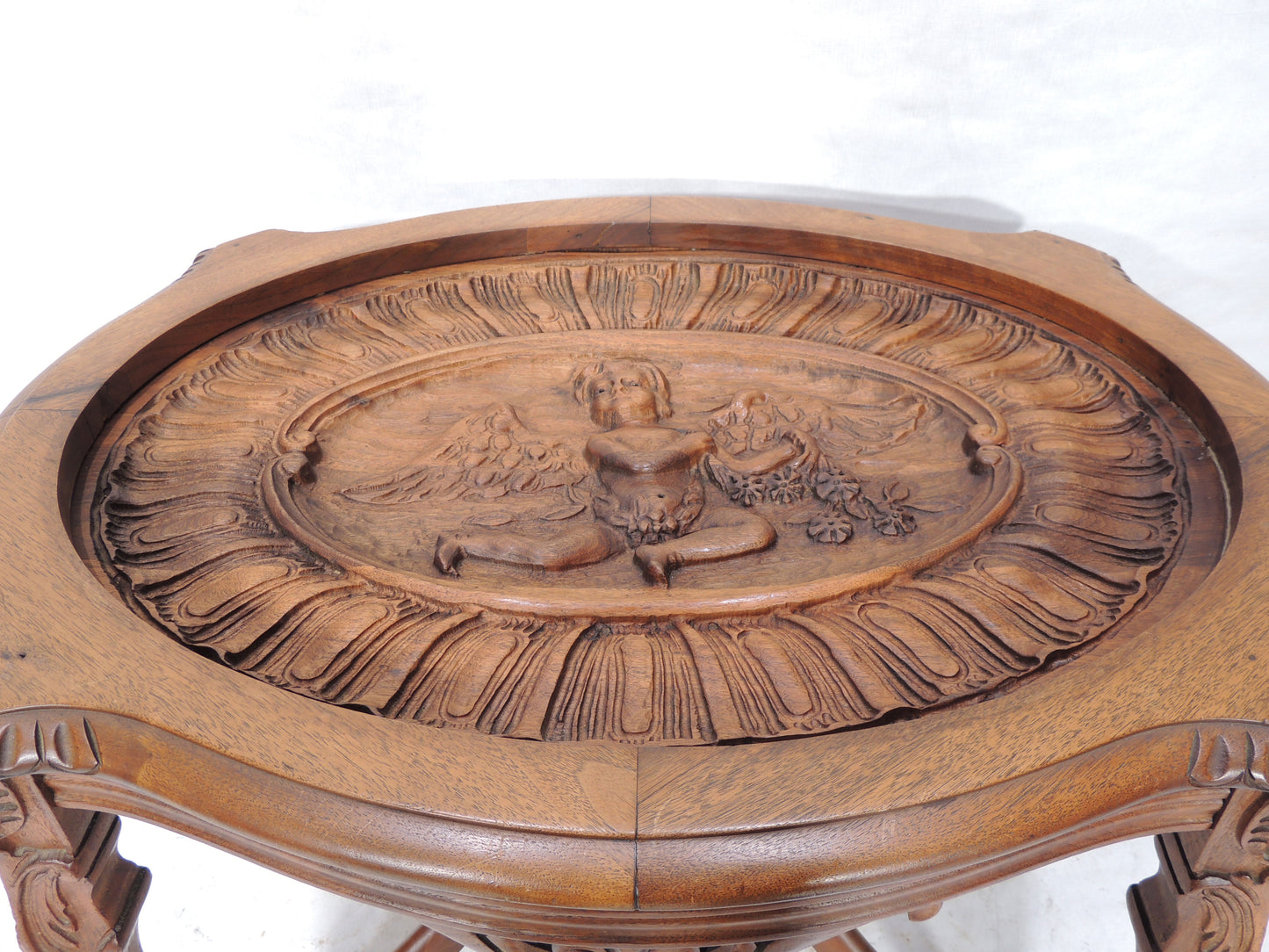 Antique Carved Walnut Oval Side Occasional Table with Glass Tea Tray