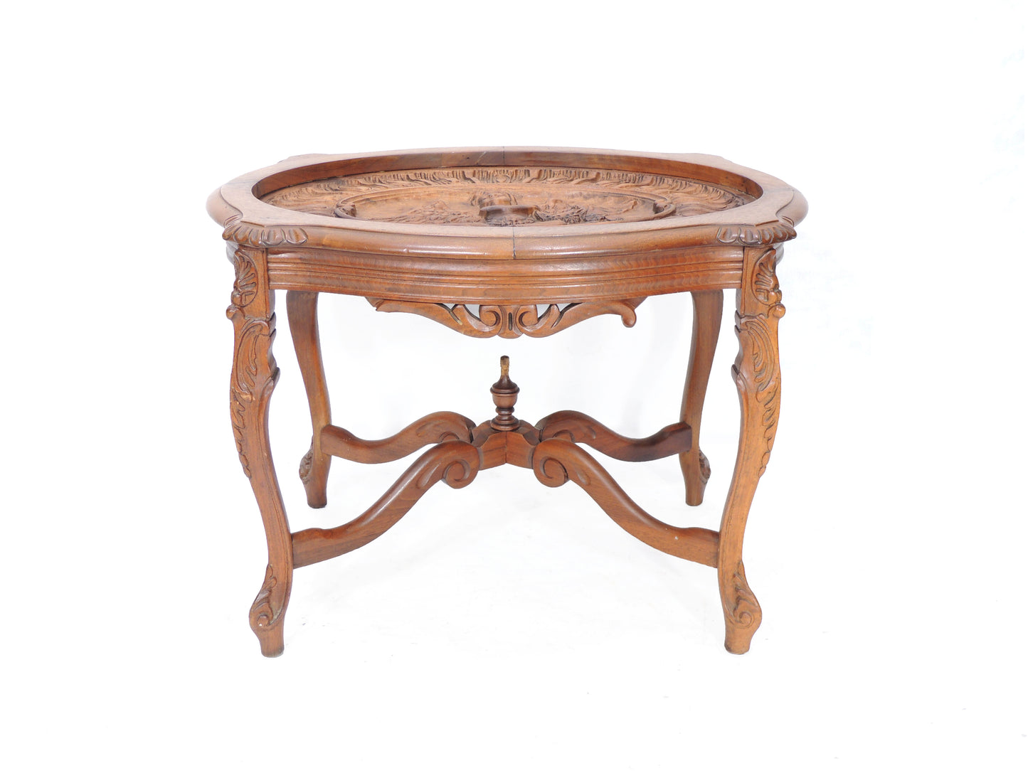 Antique Carved Walnut Oval Side Occasional Table with Glass Tea Tray