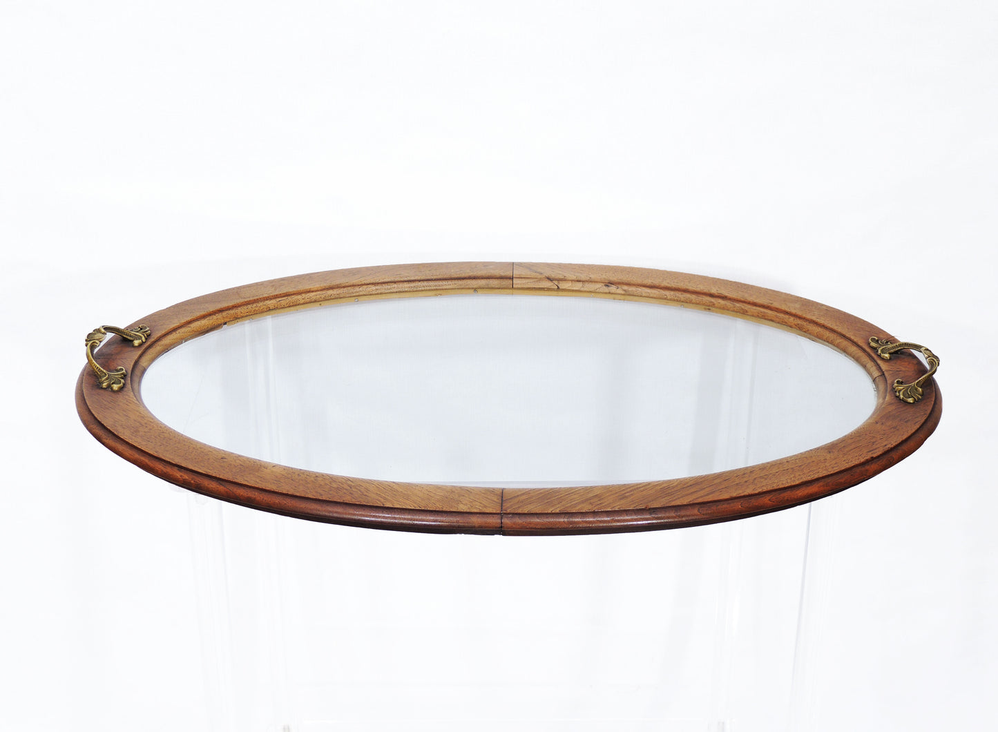 Antique Carved Walnut Oval Side Occasional Table with Glass Tea Tray