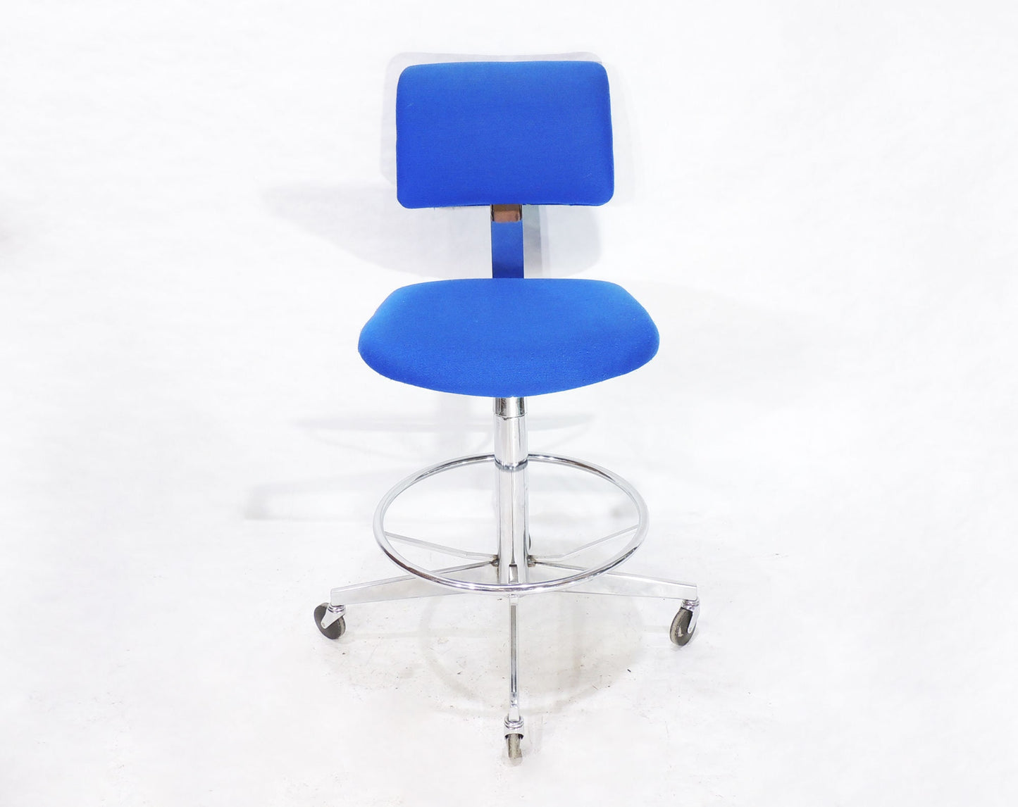 Vintage Steelcase Blue Cloth Metal Swivel Rolling Drafting Stool