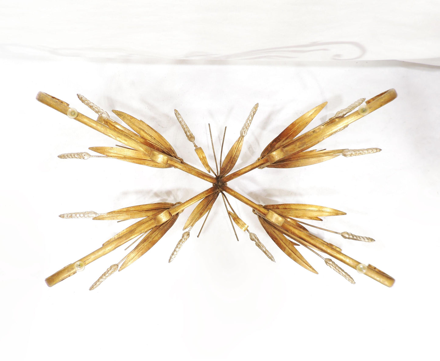 Modernist Era Hollywood Regency Wheat Metal Gilt Tole Oval Glass Coffee Table