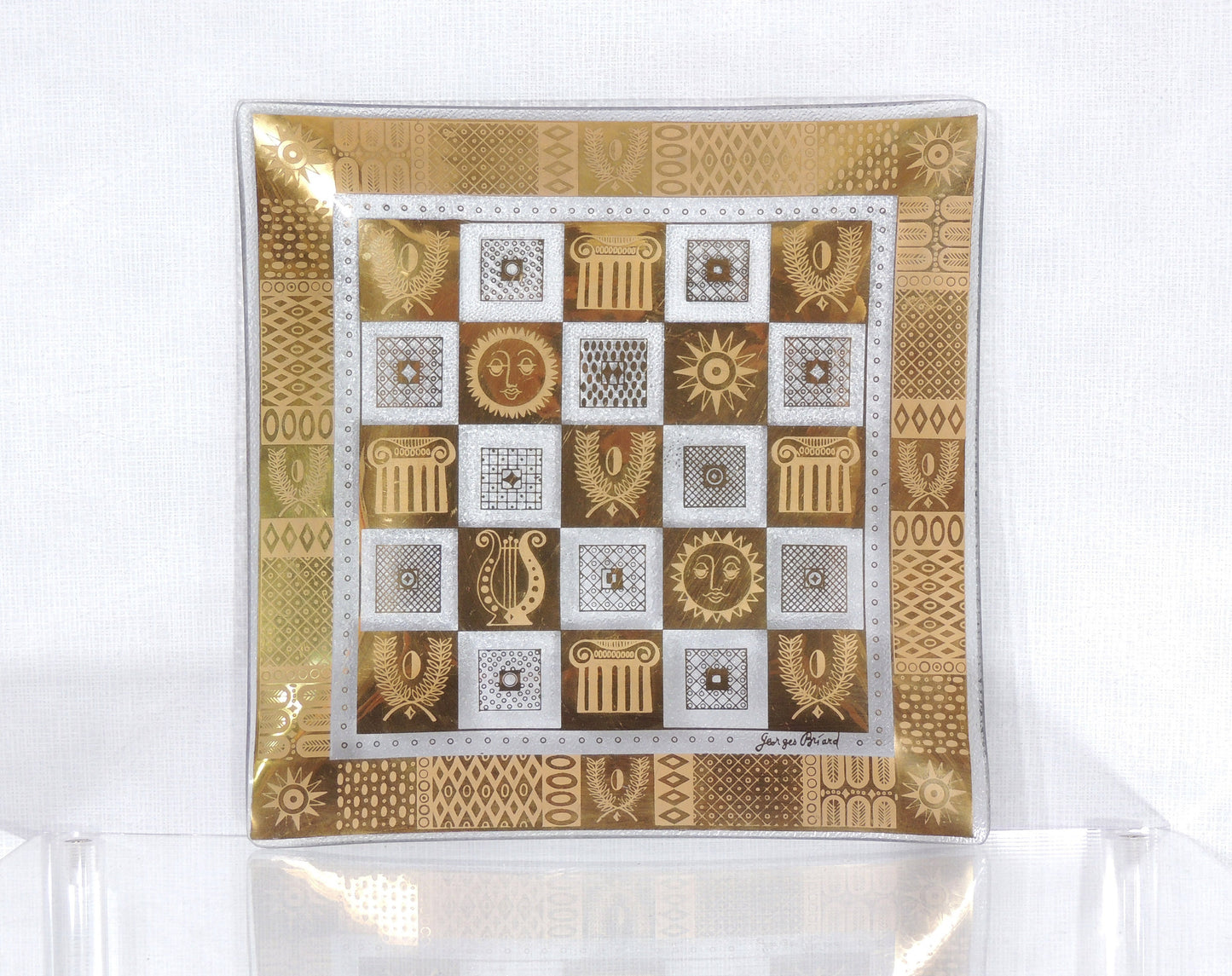 Vintage Modernist Era Georges Briard Gold Sun Square Bent Glass Tray