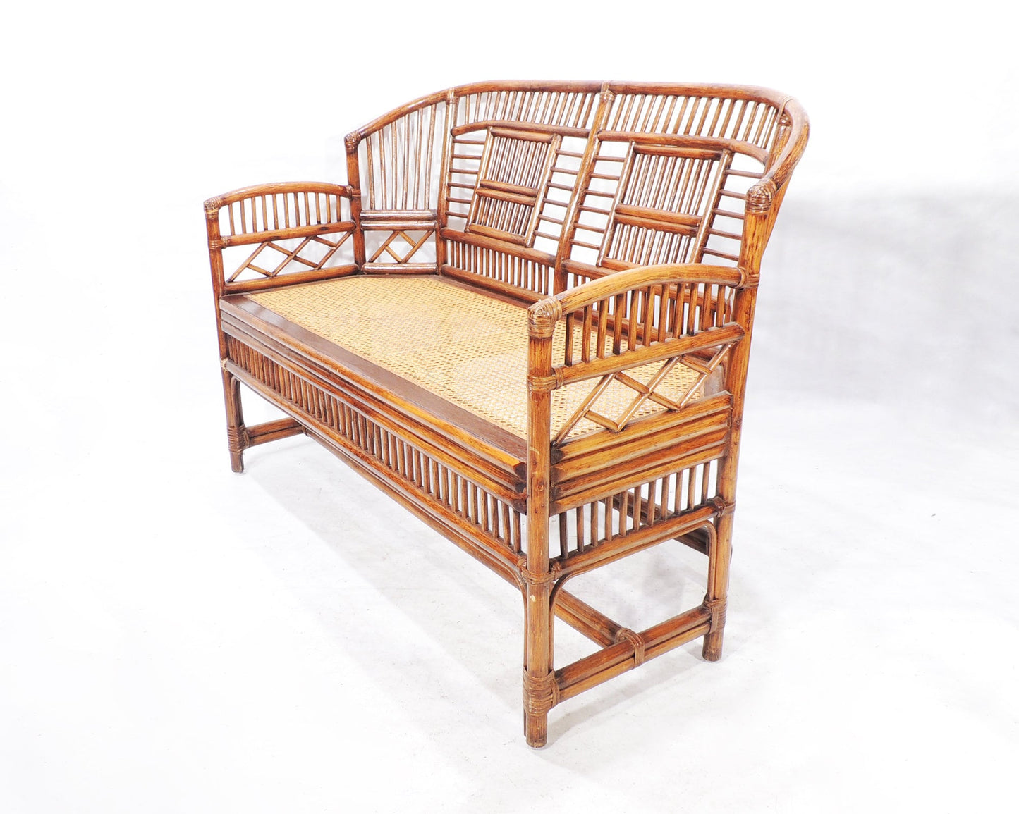 Vintage MCM Era Caned Seating Bamboo Pavilion Loveseat Bench