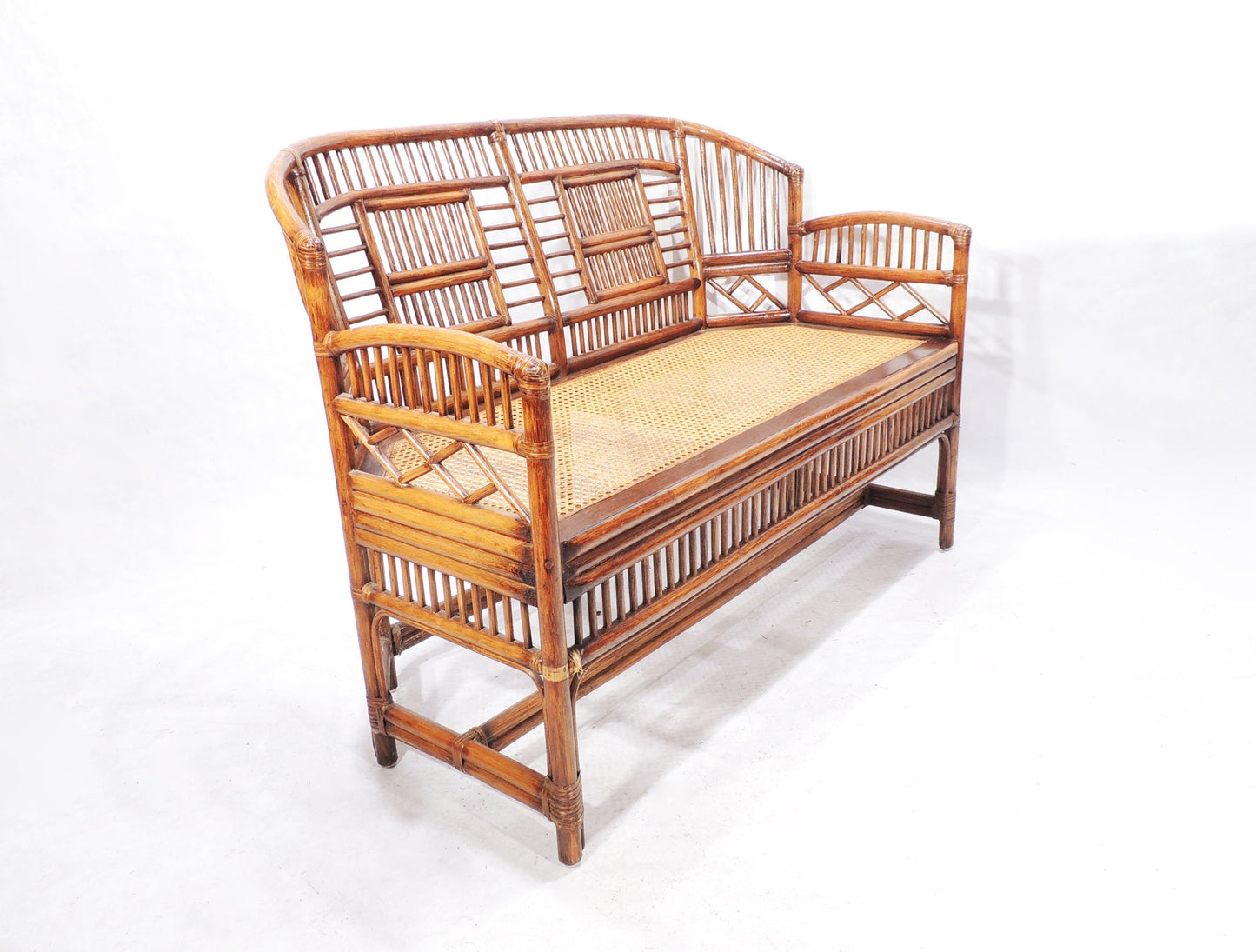 Vintage MCM Era Caned Seating Bamboo Pavilion Loveseat Bench