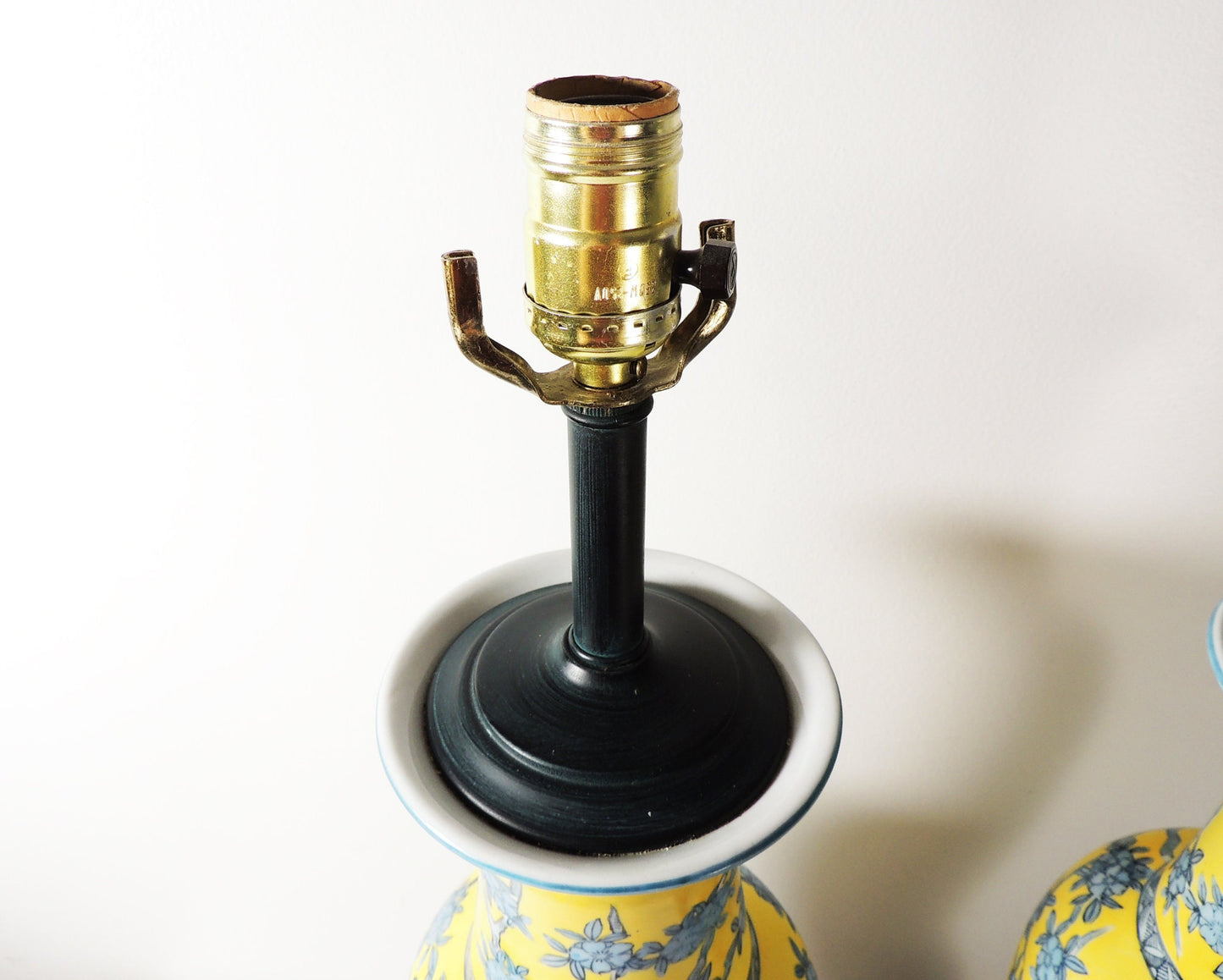 Vintage Pair of Oriental Style Yellow Blue Floral Ceramic Table Lamps
