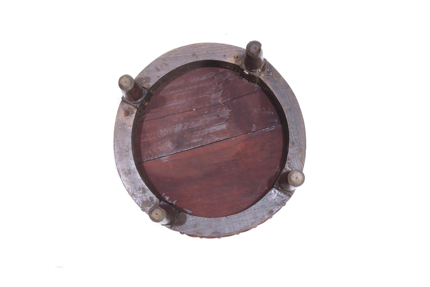 Antique Red Vinyl Wood Carved Ornate Footstool