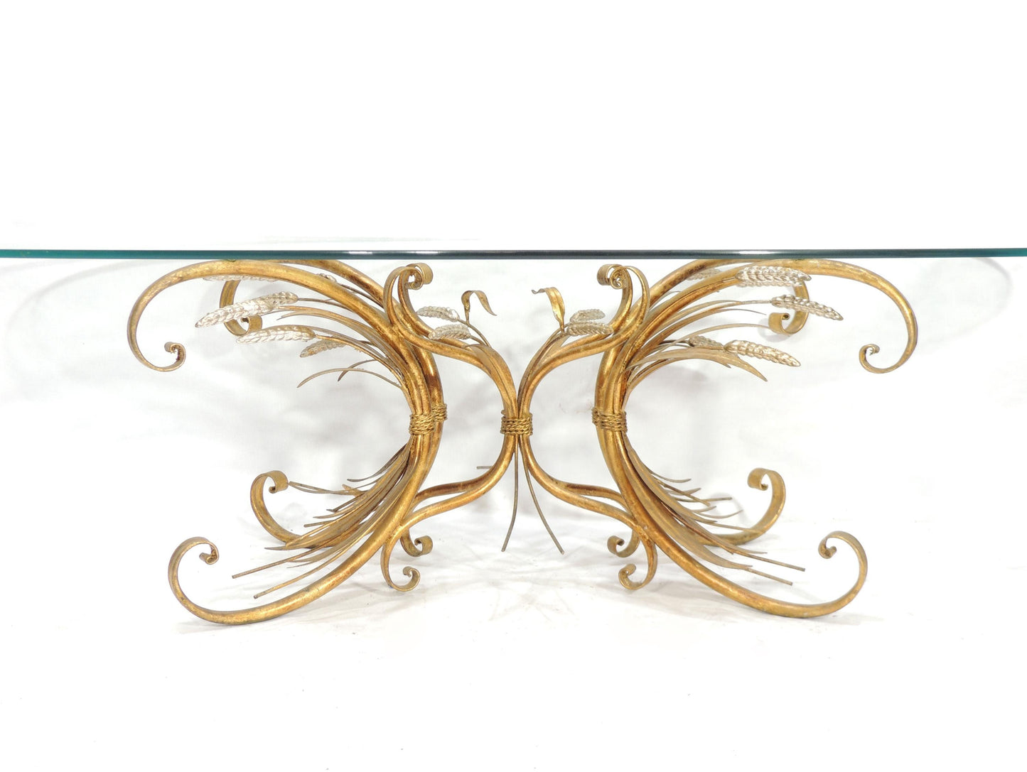 Modernist Era Hollywood Regency Wheat Metal Gilt Tole Oval Glass Coffee Table