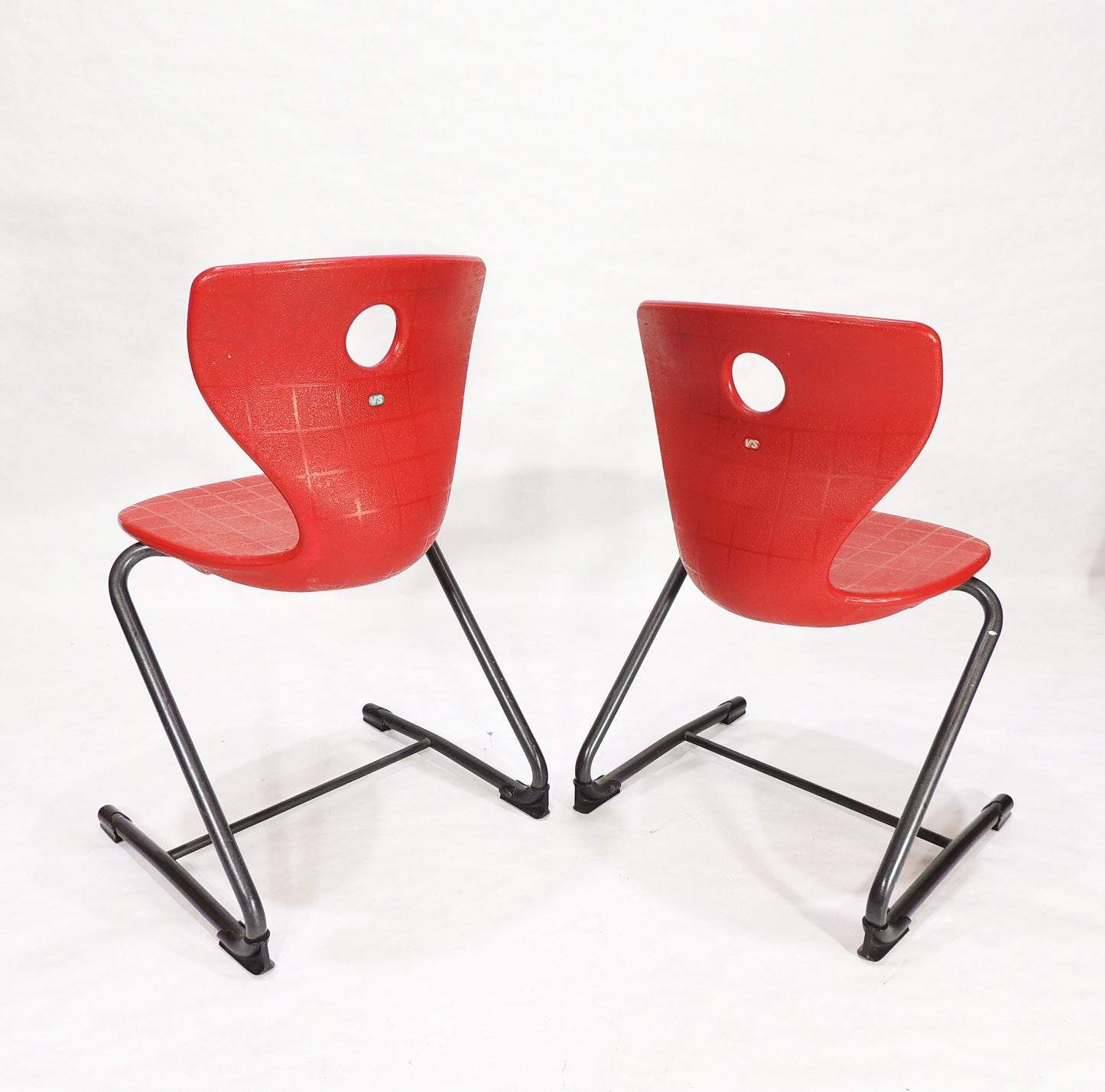 Set of 2 Post Modern VS Metal Framed Red Plastic Shell Chairs