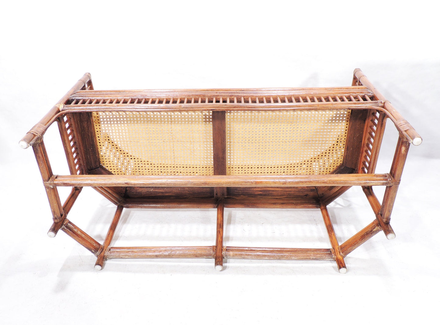 Vintage MCM Era Caned Seating Bamboo Pavilion Loveseat Bench
