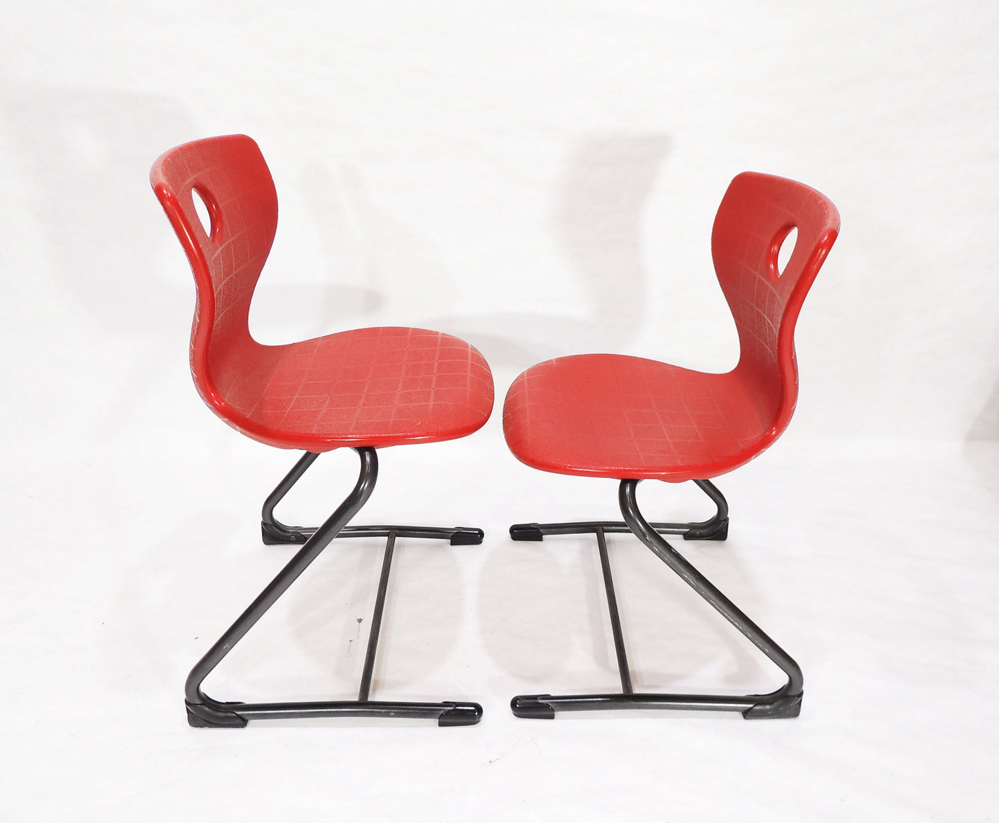 Set of 2 Post Modern VS Metal Framed Red Plastic Shell Chairs