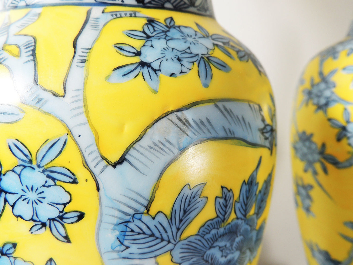 Vintage Pair of Oriental Style Yellow Blue Floral Ceramic Table Lamps