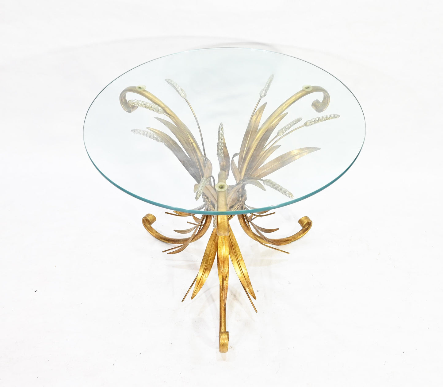 Modernist Era Hollywood Regency Wheat Metal Gilt Tole Round Glass Side Table