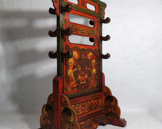 Vintage Oriental Wood Cinnabar Red Color Dragon and Skulls Ornaments Rustic Sword Stand