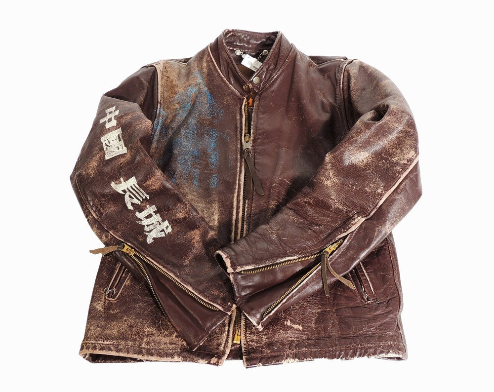 One of One Custom The Great China Wall Distressed Cafe Racer Leather Jacket