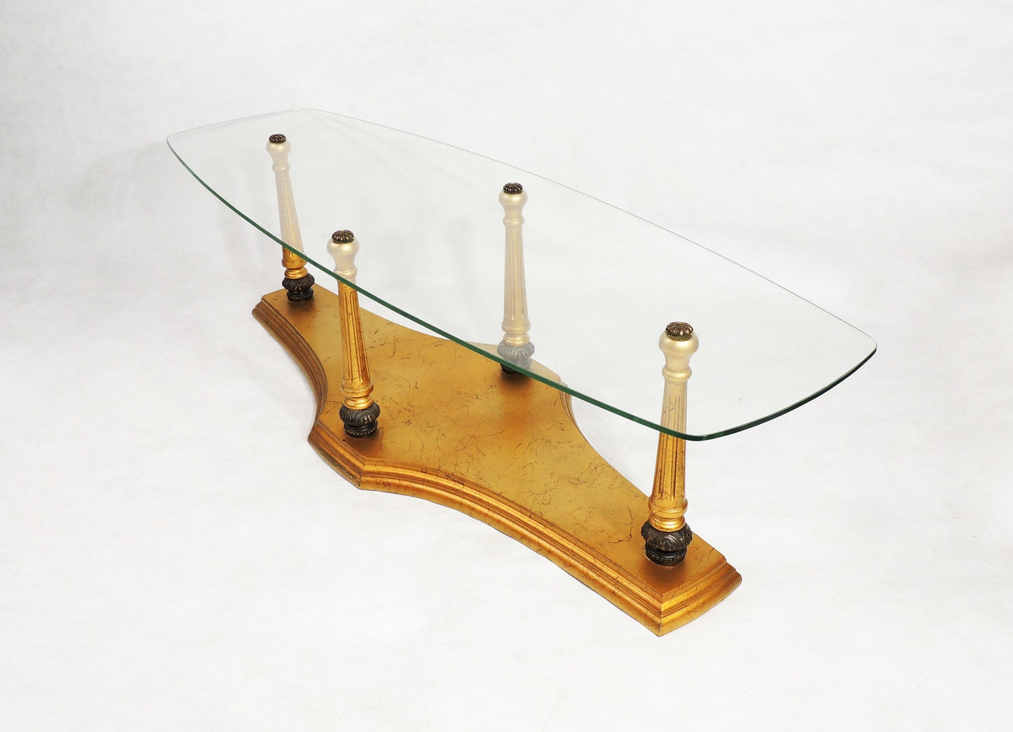 Vintage Hollywood Regency Gold Wood w Glass Top Coffee Table