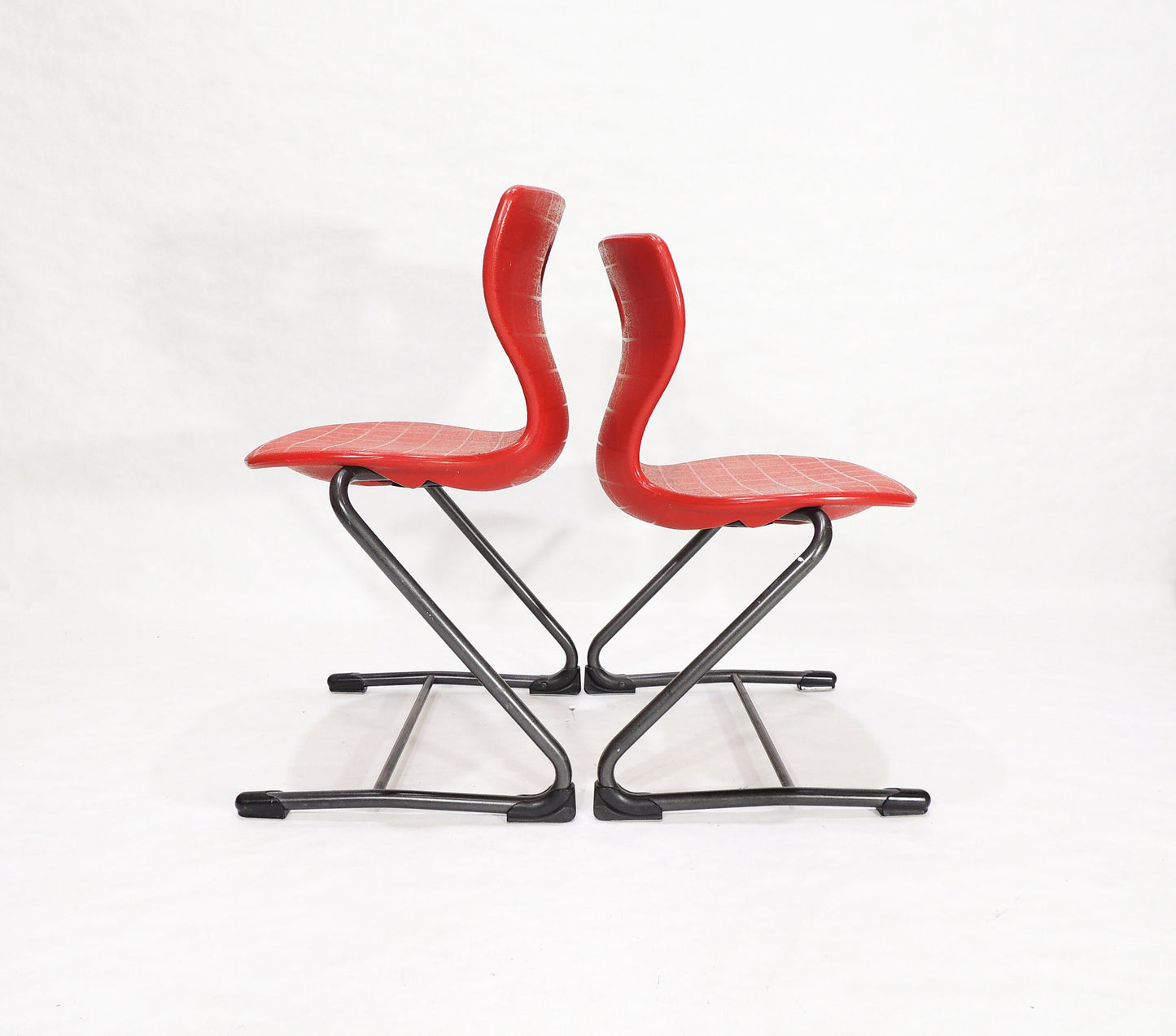Set of 2 Post Modern VS Metal Framed Red Plastic Shell Chairs
