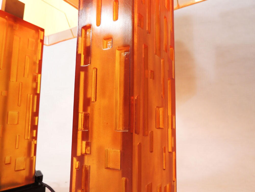 Two Modernist style Geometrical Cityscape Transparent Lucite Orange Table Lamps