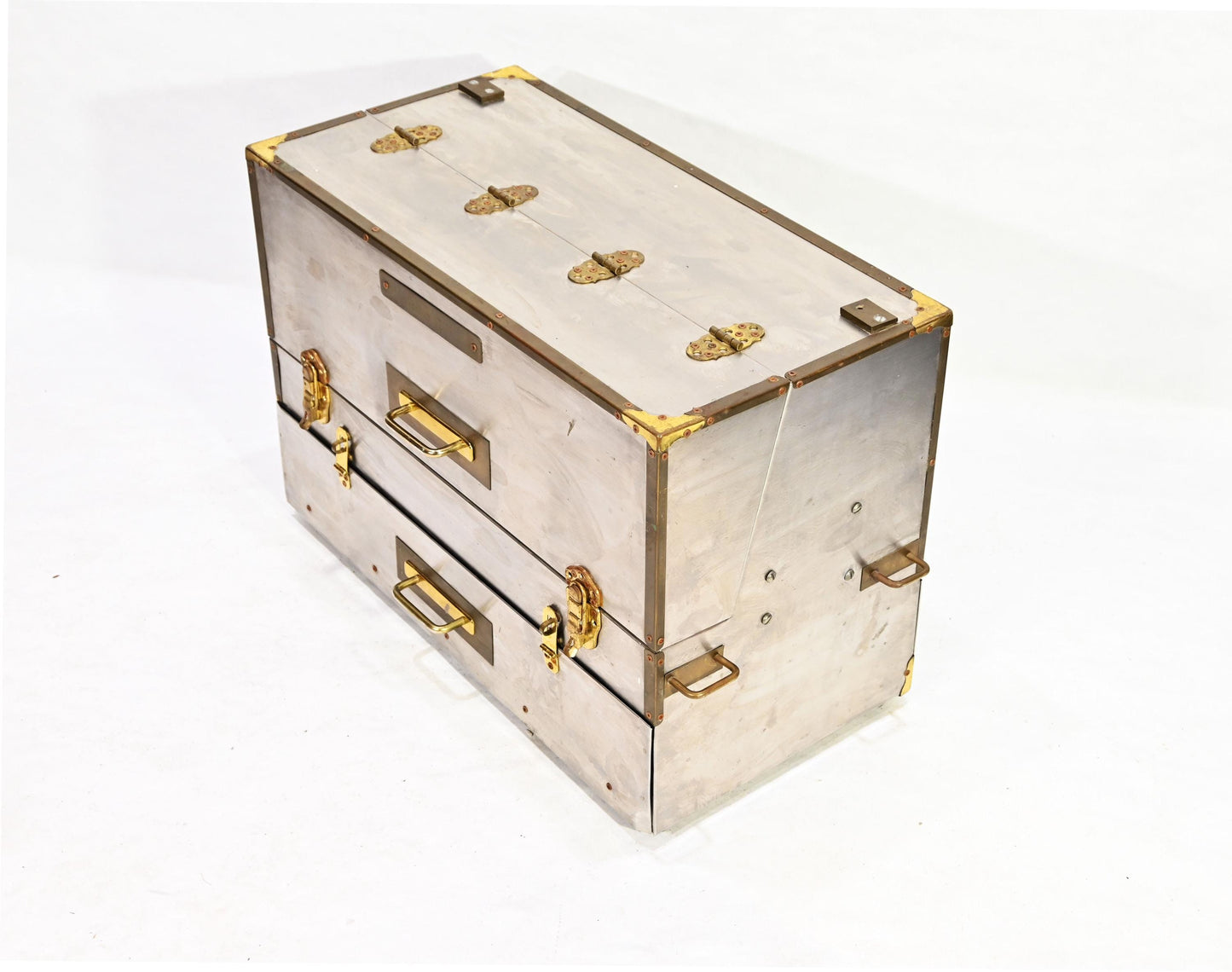 Vintage Metal Storage Case Trunk Brass handles Drawer Chest