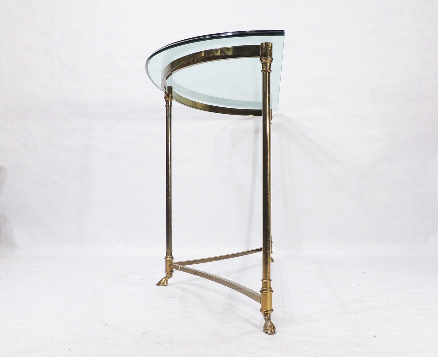 Vintage Half Moon Glass Top Brass Metal Claw hoofed Feet Console Table