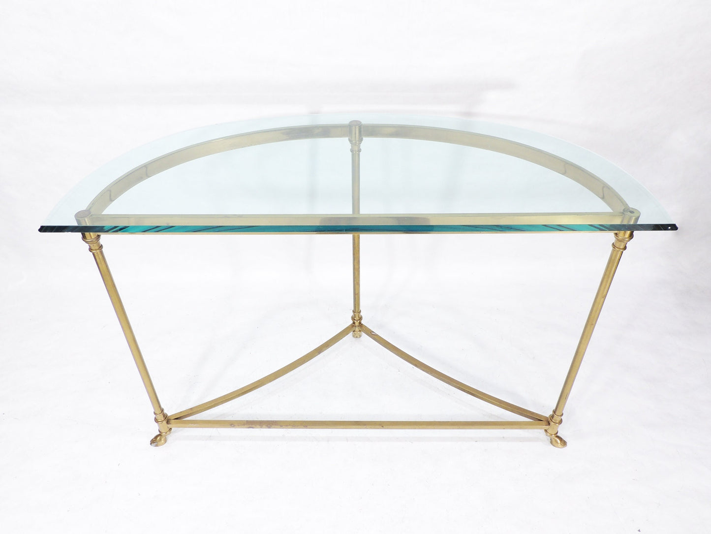 Vintage Half Moon Glass Top Brass Metal Claw hoofed Feet Console Table