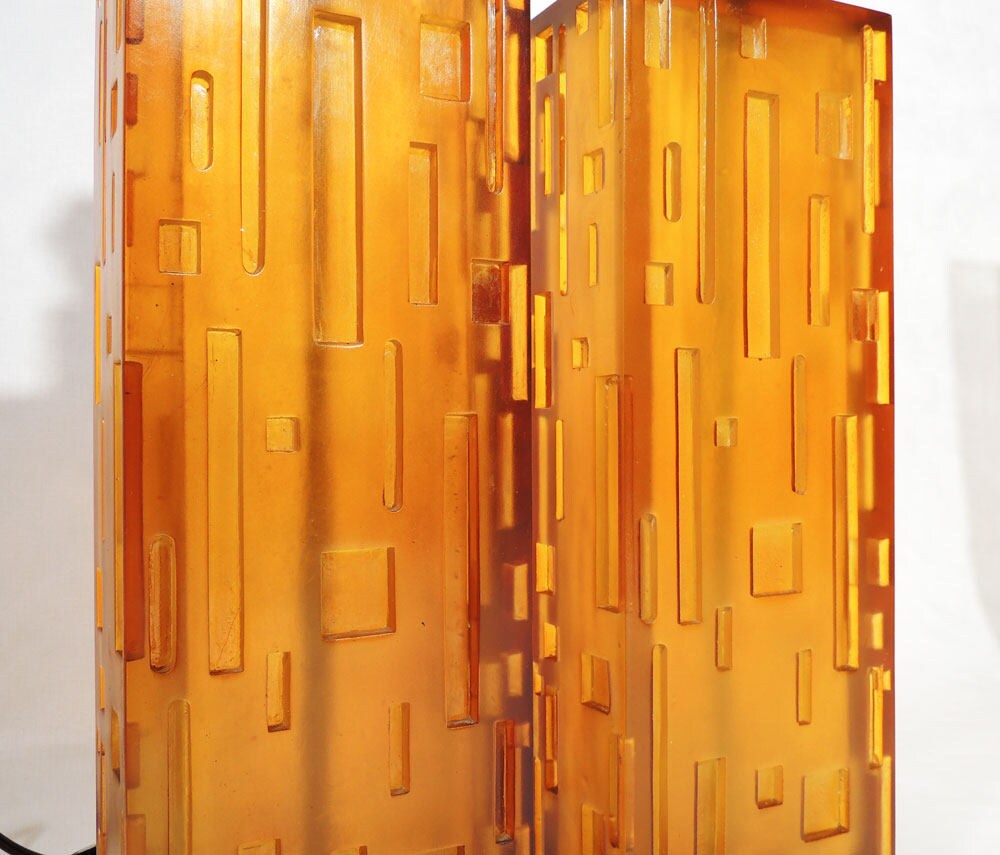 Two Modernist style Geometrical Cityscape Transparent Lucite Orange Table Lamps