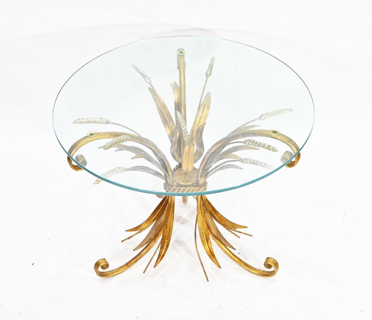 Modernist Era Hollywood Regency Wheat Metal Gilt Tole Round Glass Side Table