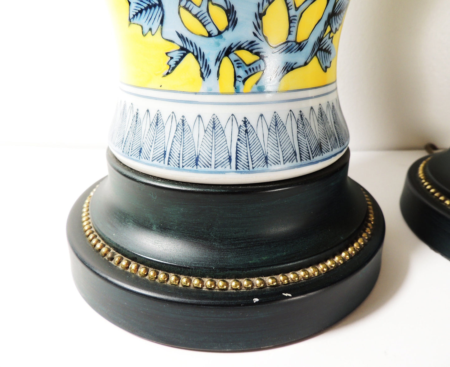 Vintage Pair of Oriental Style Yellow Blue Floral Ceramic Table Lamps