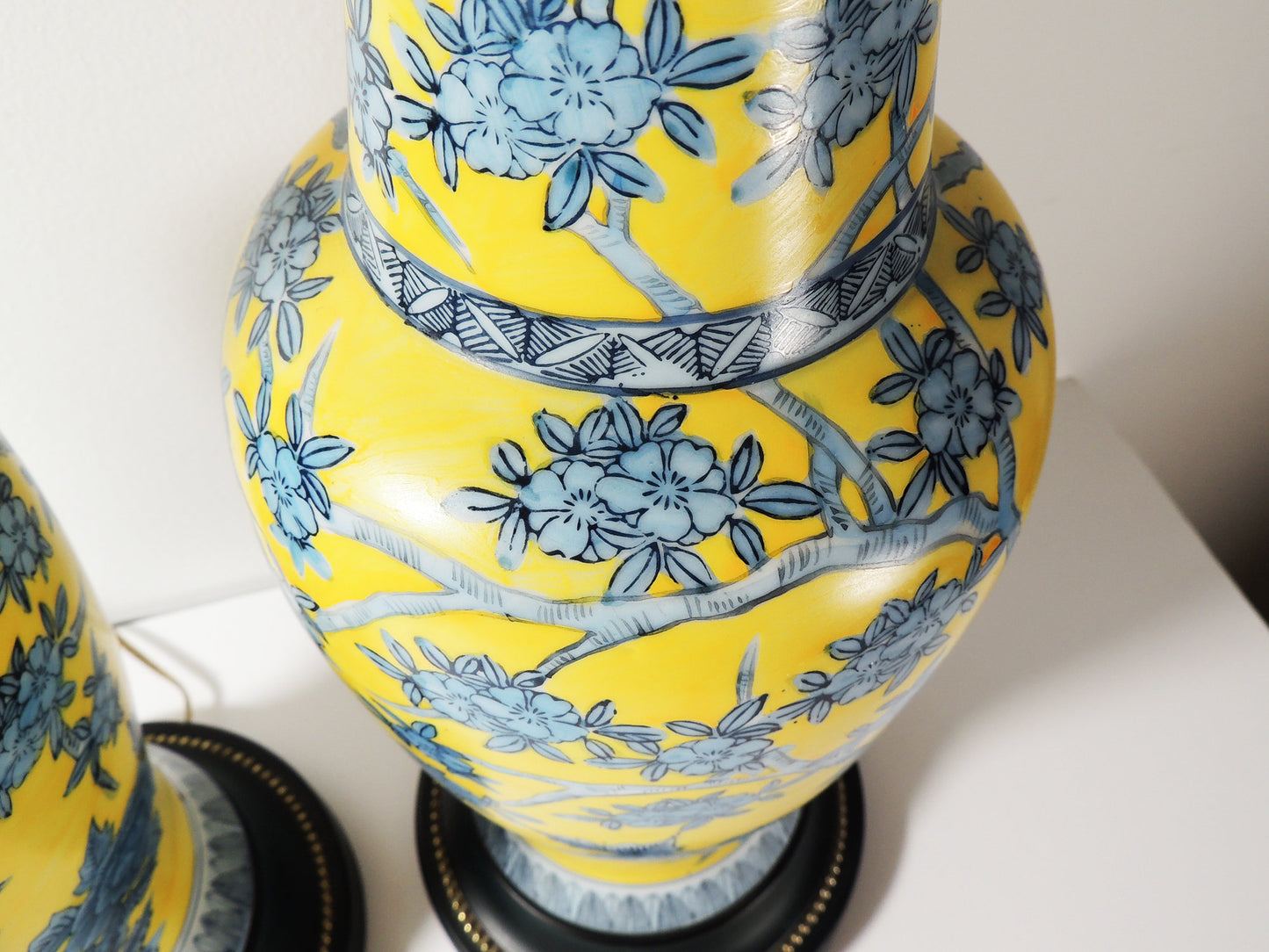 Vintage Pair of Oriental Style Yellow Blue Floral Ceramic Table Lamps