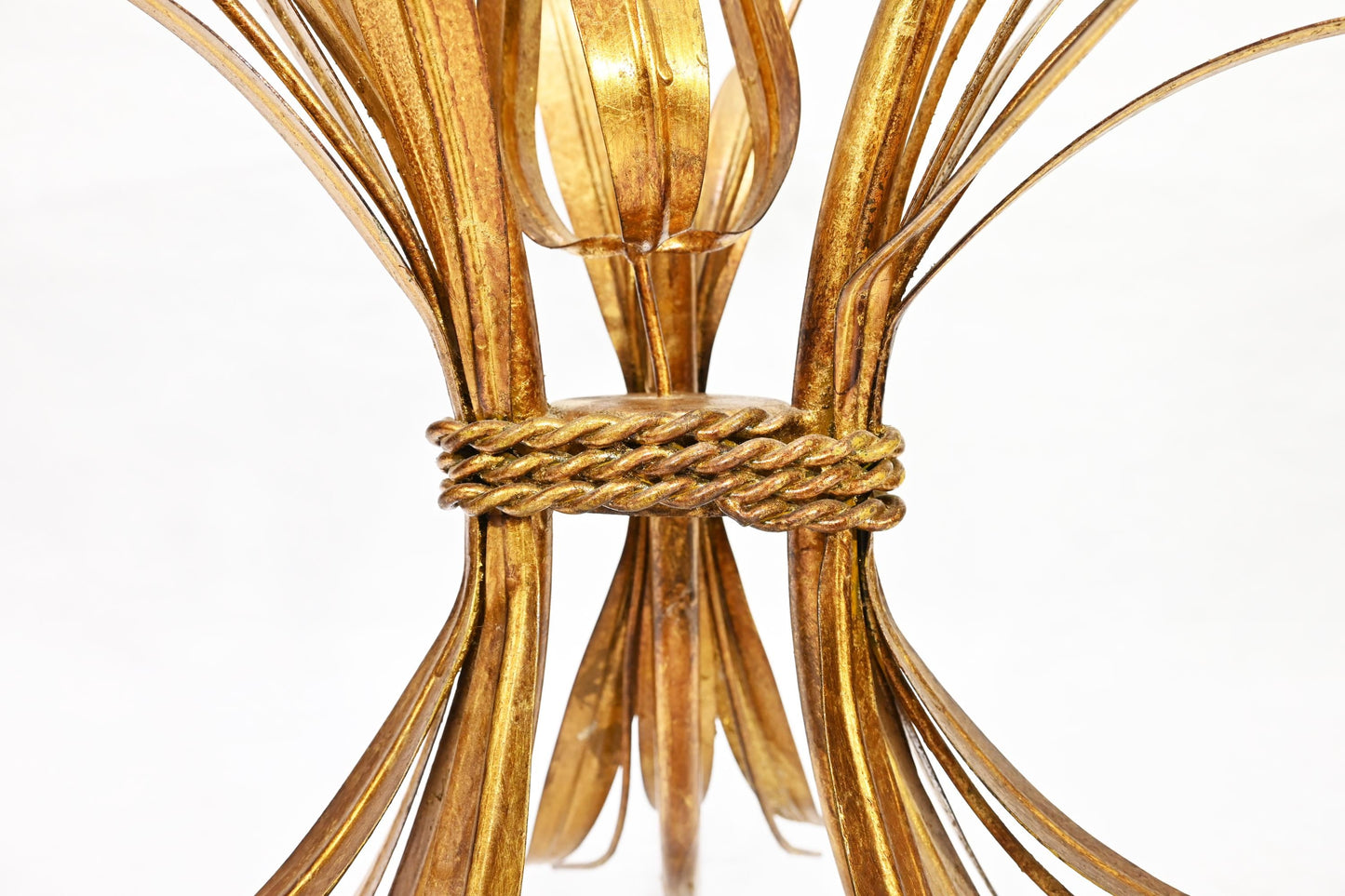 Modernist Era Hollywood Regency Wheat Metal Gilt Tole Round Glass Side Table