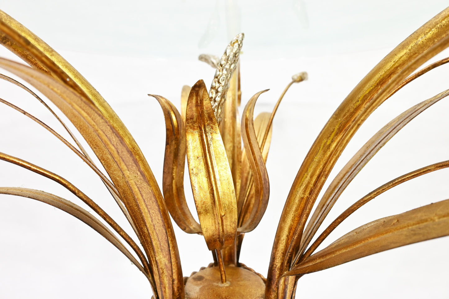 Modernist Era Hollywood Regency Wheat Metal Gilt Tole Round Glass Side Table