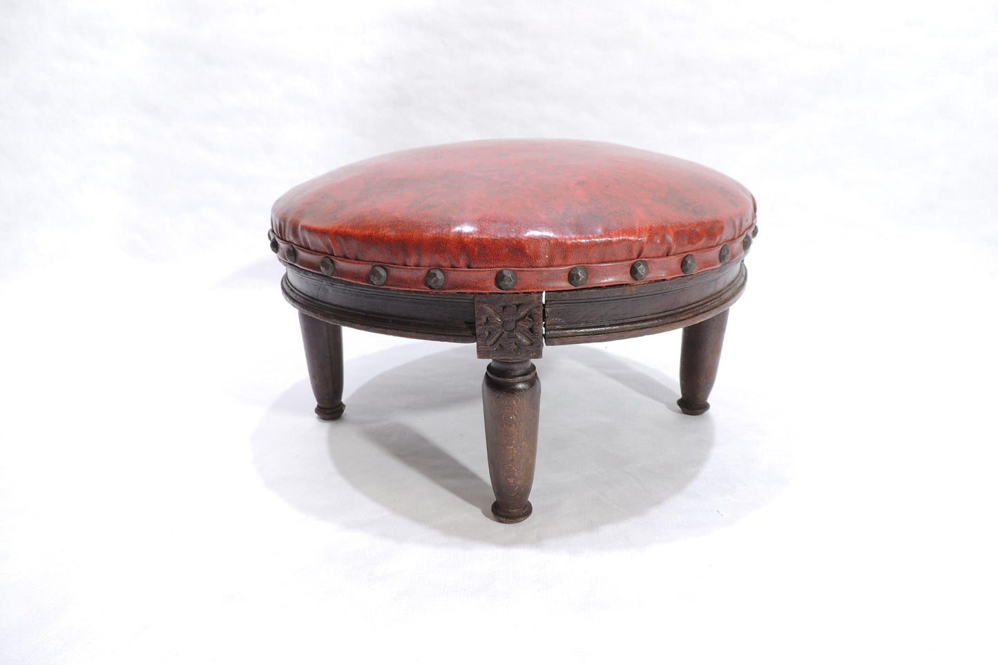 Antique Red Vinyl Wood Carved Ornate Footstool