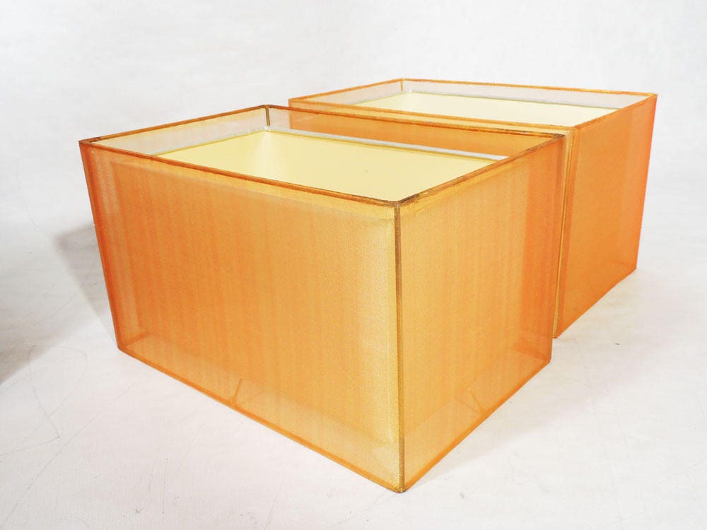 Two Modernist style Geometrical Cityscape Transparent Lucite Orange Table Lamps