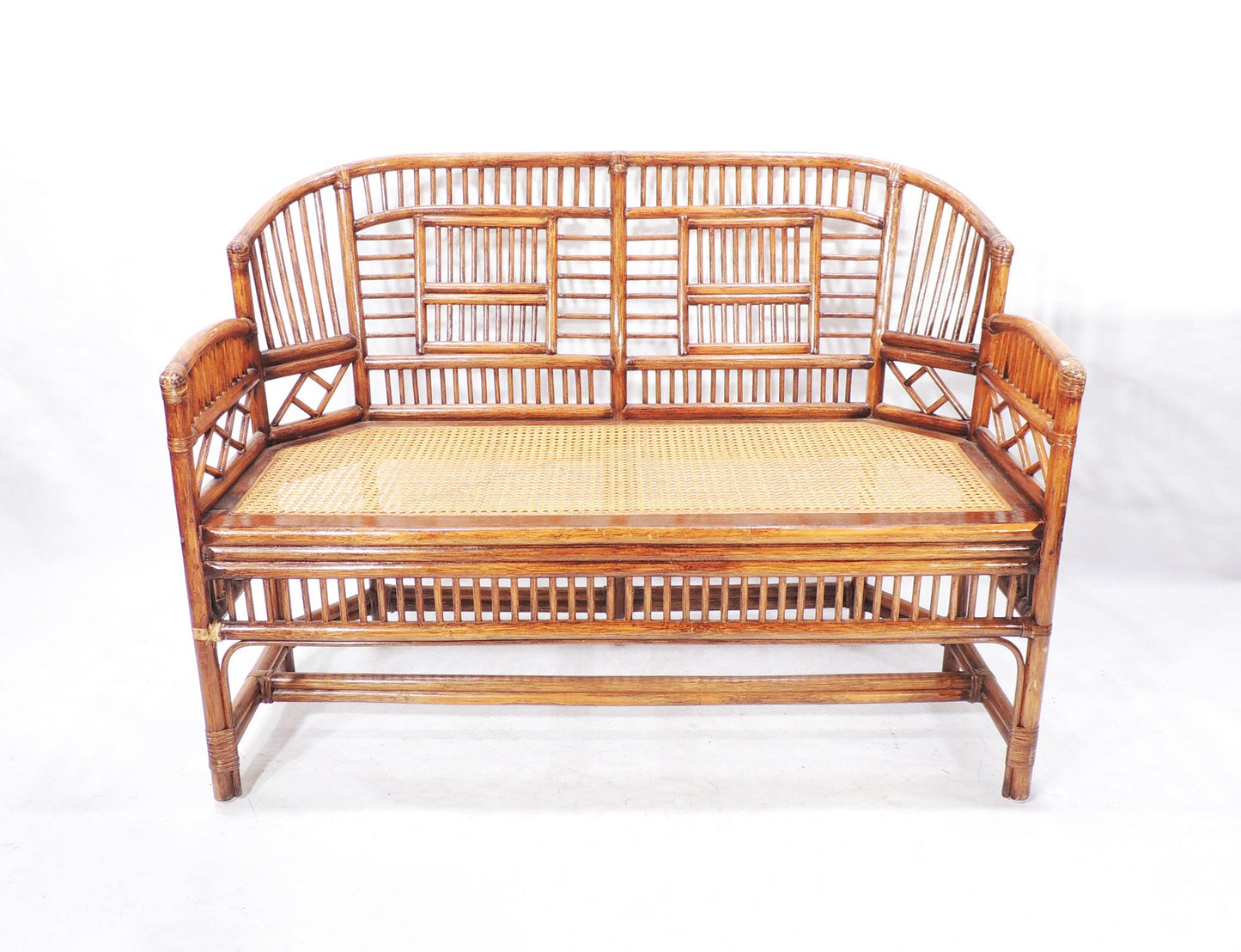Vintage MCM Era Caned Seating Bamboo Pavilion Loveseat Bench