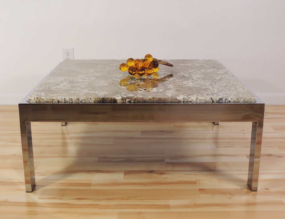 Modernist era Pace Collection Attributed Chrome Metal Marble Granite Coffee Table