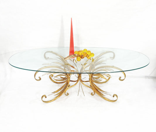 Modernist Era Hollywood Regency Wheat Metal Gilt Tole Oval Glass Coffee Table